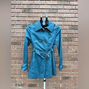 Ambition Double Breasted Trench Coat Teal Belt Women Size Small Chic Lightweight